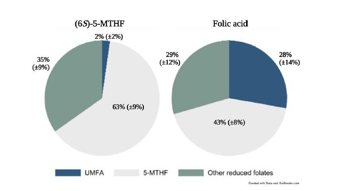 Pozor! Studie ve Scientific Reports potvrzuje, že při suplementaci kyseliny listové kojícím ženám je 28 % folátu v jejich mléce nevyužitelná nemetabolizovaná kyselina listová (UMFA) – 14krát více než u matek, které užívají bioaktivní formu.